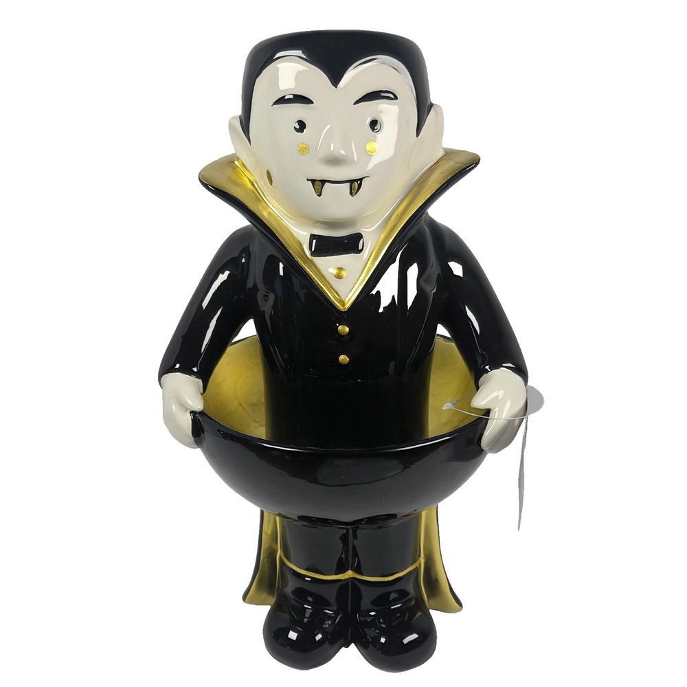 Mikasa Dracula Candy Bowl 13in Ceramic Vampire Halloween Decor Black Gold NWT